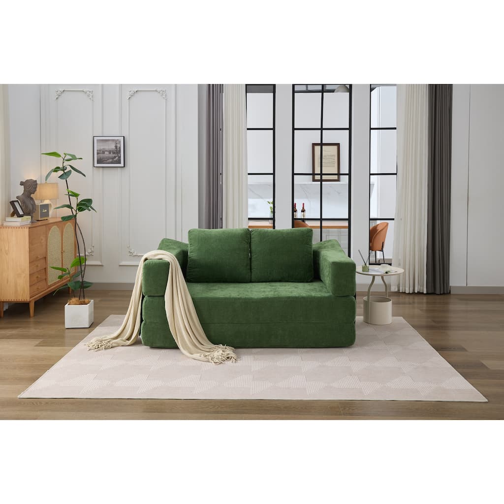 Modern Minimalist Fold-Out Sofa Bed, Convertible Chair Floor Couch, Green Chenille