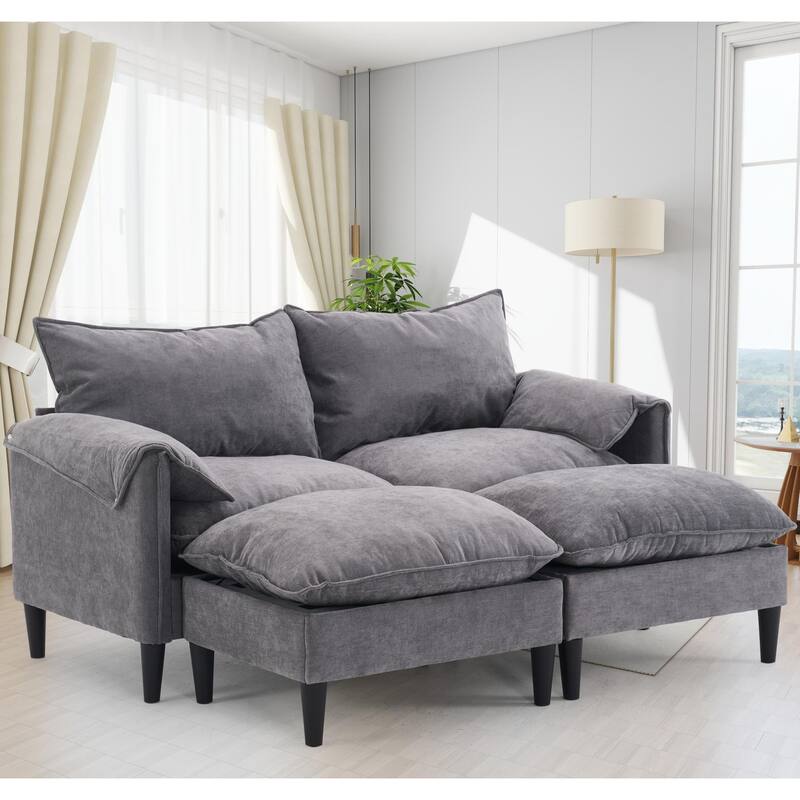 2-Seater U-Shaped Convertible Combination Sofa with Footstools and Storage - Grey