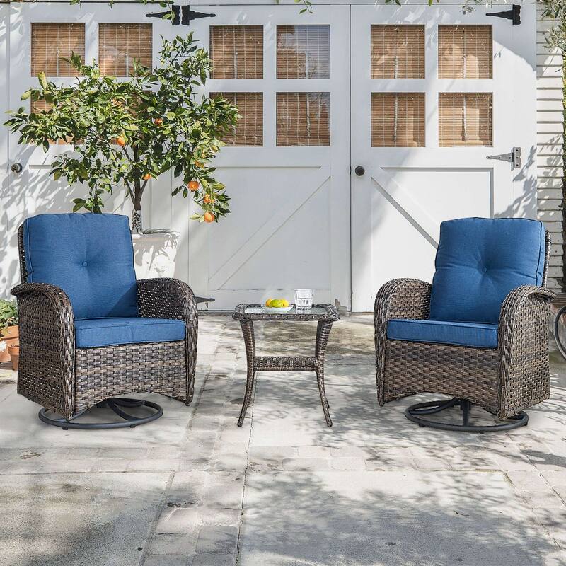Gymojoy Outdoor 3-piece Rattan Wicker Rocking Swivel Chair Set - Mix Brown Rattan - Blue
