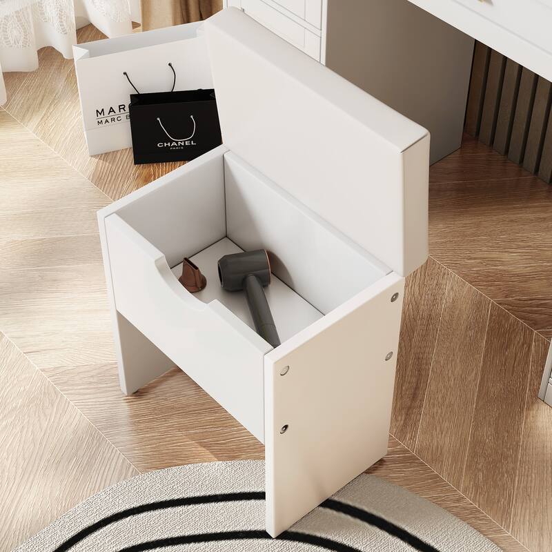 41.4" Makeup Vanity Desk with Mirror and Lights, Dressing Table with Charging Station and Cushioned Storage Stool