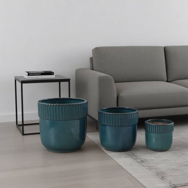 Glossy Ribbed Handmade Ceramic Planter Pot, for Succulents and Herbs