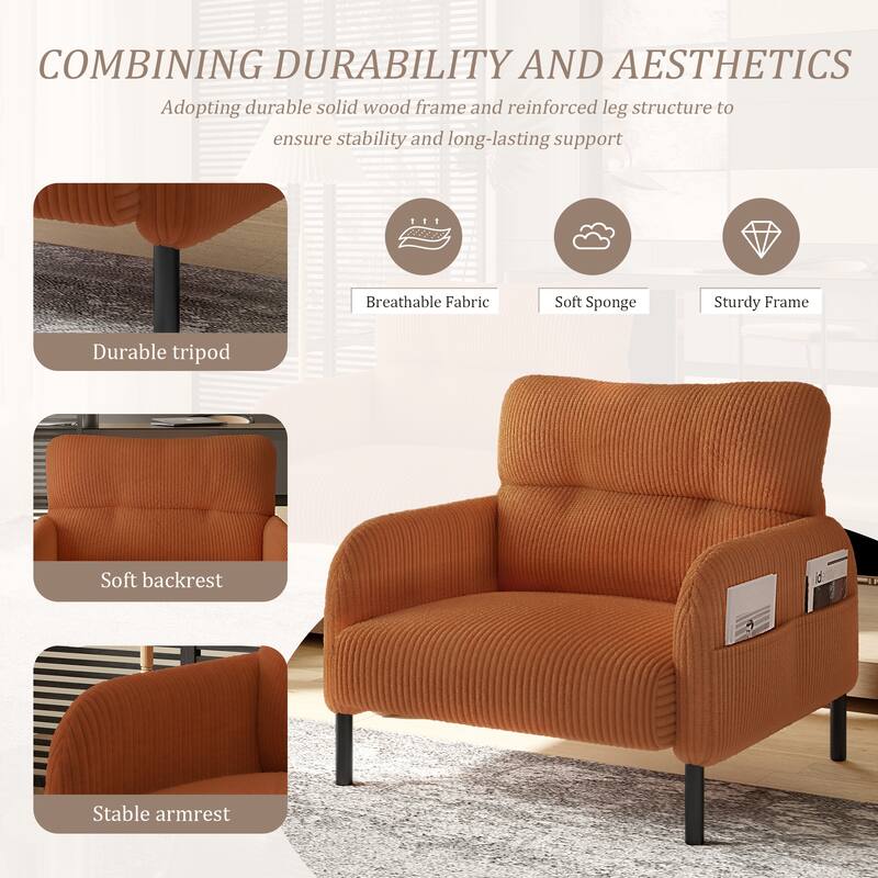Corduroy Upholstered Single Sofa Chair, Lounge Reading Chair with Side Pockets, Armchair with Solid Wood Frame