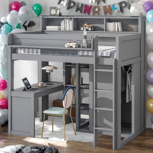 slide 2 of 26, Twin Size Loft bed with Multiple Storage Shelves and Wardrobe for Home Grey