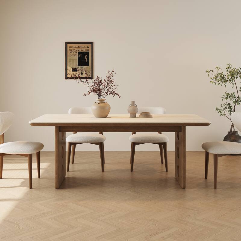 71"Mid-Century Modern Dining Table For 6, Retangular Kitchen Table With Beige Travertine Sintered Stone Top