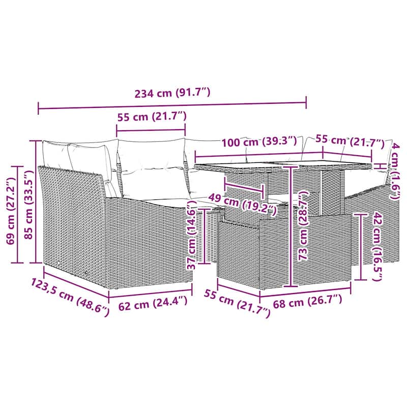 vidaXL 7 Piece Garden Sofa Set with Cushions - 91.7×48.6×27.2