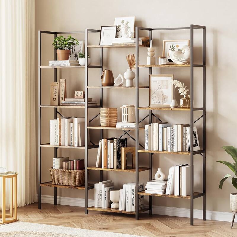 Triple Column 5-Tier Bookshelf, Rustic Industrial Bookshelf with Frame - Brown