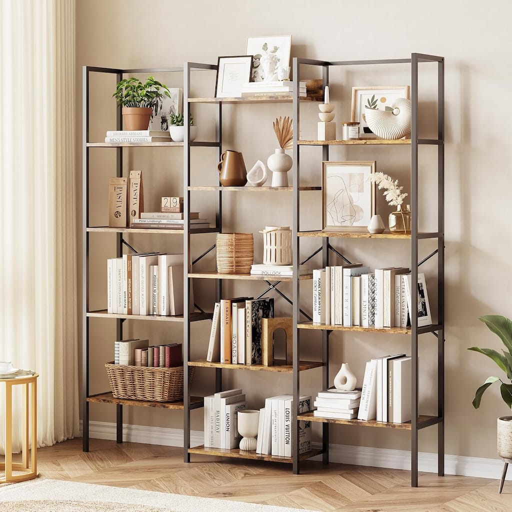 Triple Column 5-Tier Bookshelf, Rustic Industrial Bookshelf with Frame