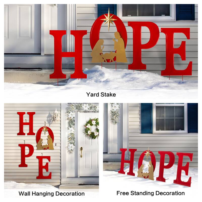 Glitzhome 32"H Lighted Metal HOPE Sign Christmas Yard Stake Wall Decor with Timer (3 Functions) - Red