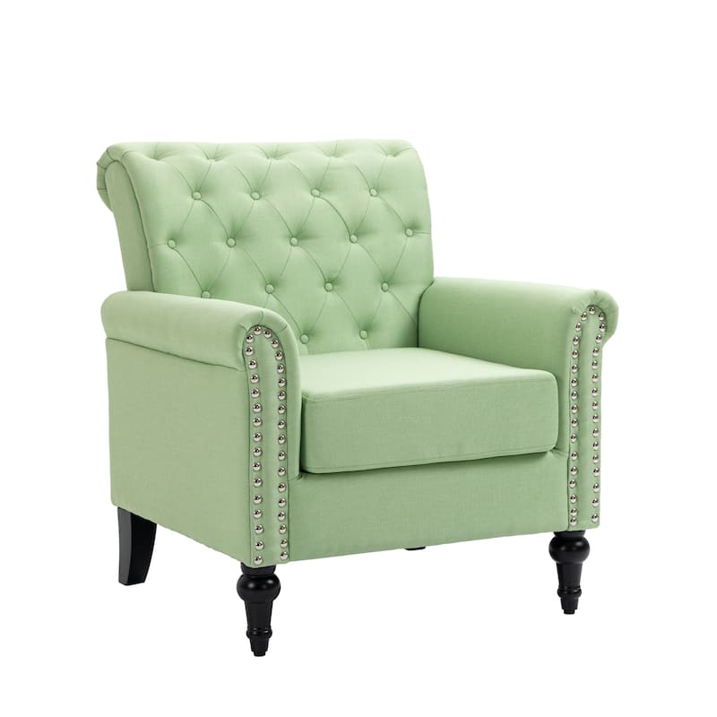 Linen Armchair w/Tufted Back/Wood Legs