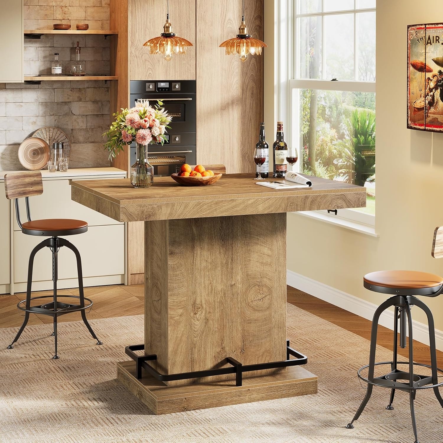 47-Inch Industrial Bar Table with Metal Footrest, Rectangular