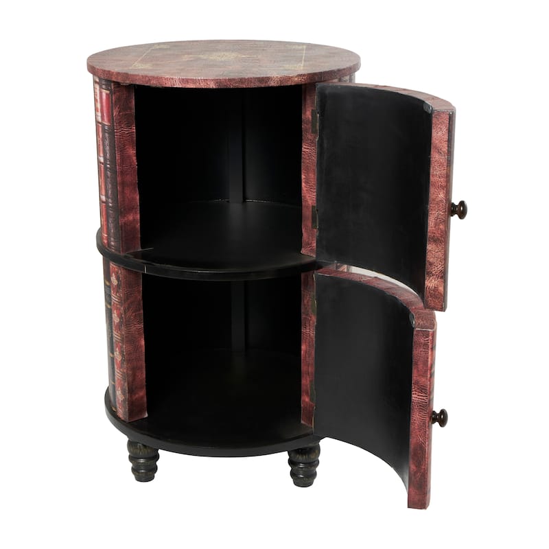Faux Leather Circular Storage 2 Door Cabinet with Stacked Book Design and Scroll Details - Red - Roche River Décor.