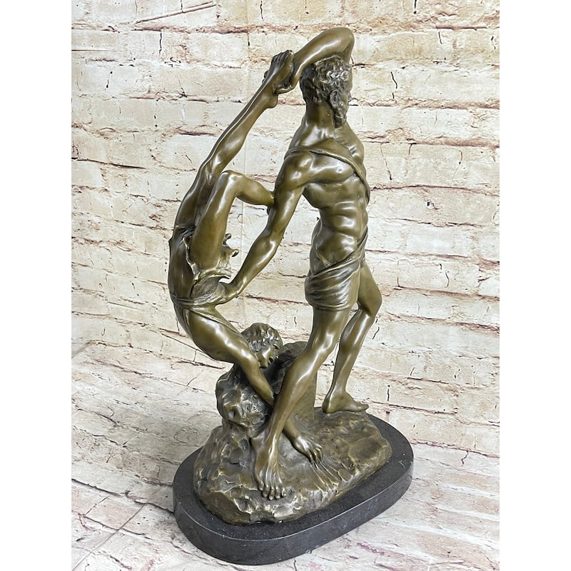 Hercules Lichas Wrestling Bronze Sculpture Statue On Marble Base Greek Mythology
