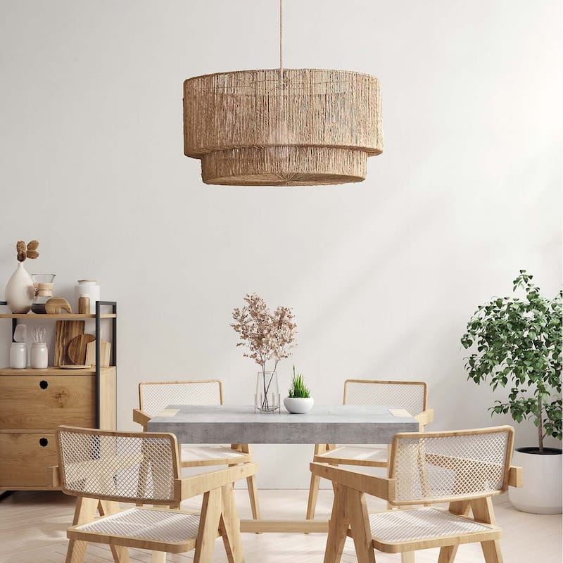 Luminous Rattan Pendant Light - Natural Drum Handwoven Light Fixture For Modern, Transitional, Farmhouse, Boho Room Décor.