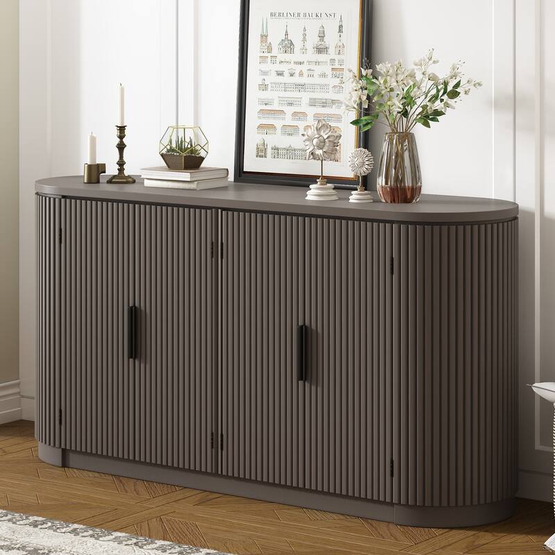 Vertical Striped Door Storage Cabinet with Metal Handles Adjustable,for Living Room - Brown