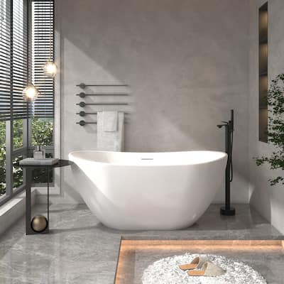 CASAINC Matte White Soaking Bathtub Solid Surface Stone Bathtub with Center Drain