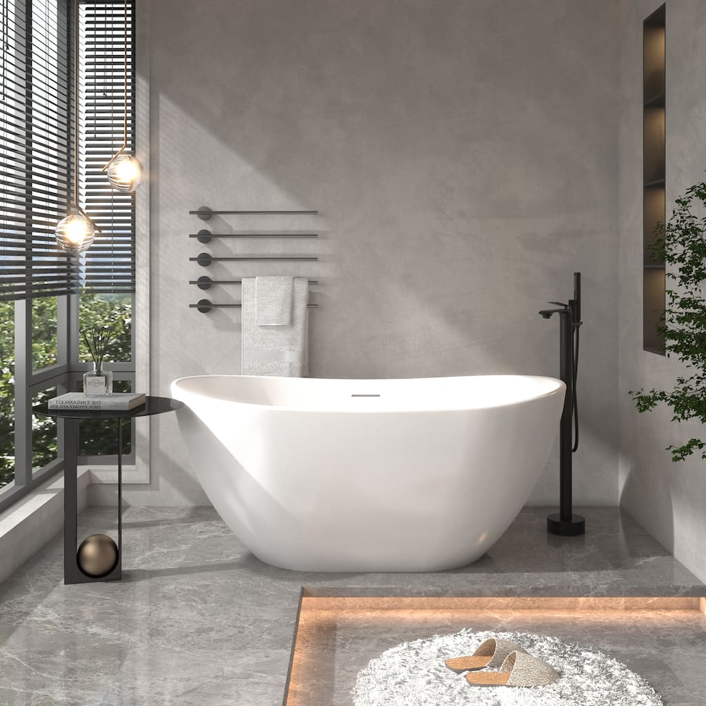 CASAINC Matte White Soaking Bathtub Solid Surface Stone Bathtub with Center Drain