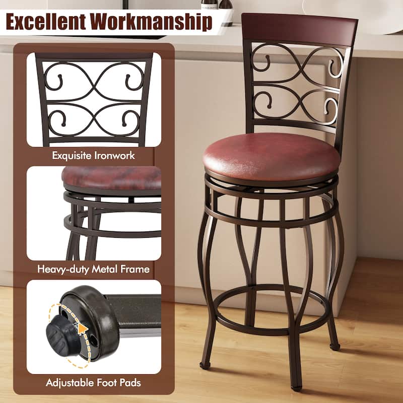 Set of 2 Swivel Bar Stools 26 Inch with Backrest and Footrest PU Leather - 19" x 16.5" x 45"