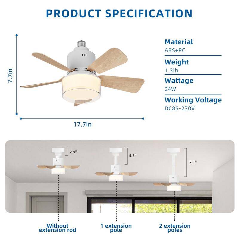 17.7 in. Indoor Socket Ceiling Fan Light with Remote, LED Light, 4 Fan Speeds, Dimmable, 3 Color Temperatures