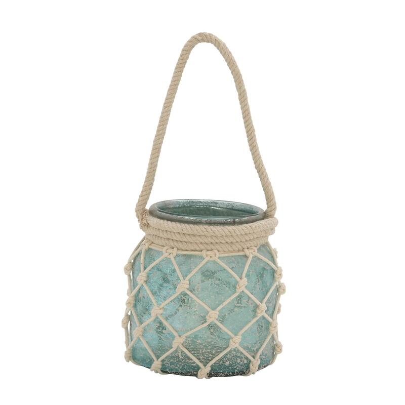 Blue Glass Decorative Indoor Outdoor Candle Lantern with Rope Handle - 7 x 7 x 15
