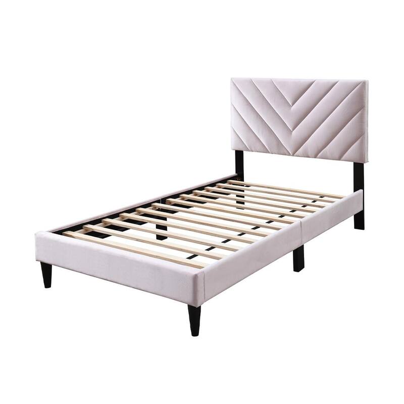 Lilian Full Bed, Tufted Light Pink Velvet Upholstery, Chevron Stitch