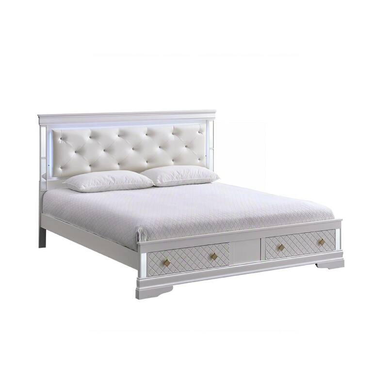 Queen Bed with LED Accent Lighting, Beige Faux Leather Headboard, and Wood Embossed Footboard