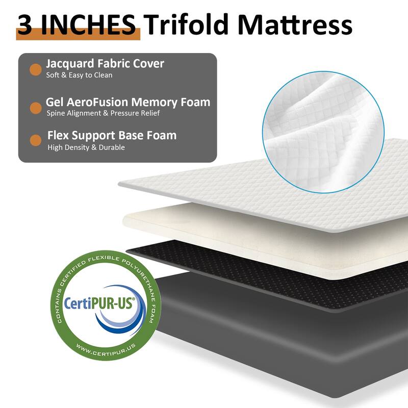 Folding Mattress, 3 inch Tri-fold Memory Foam Mattress Topper for Camping, Foldable Mattress Topper with Washable Cover