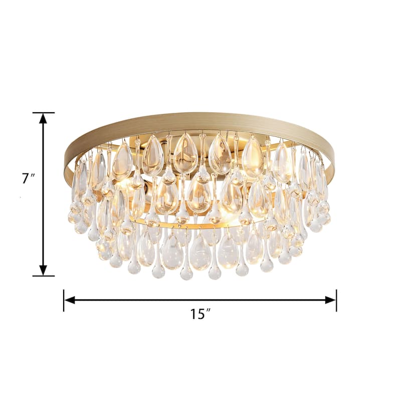 Viviana Brushed Champagne Silver Crystal Teardrop 3-light Flush Mount - 15 inches in diameter x 7 inches H