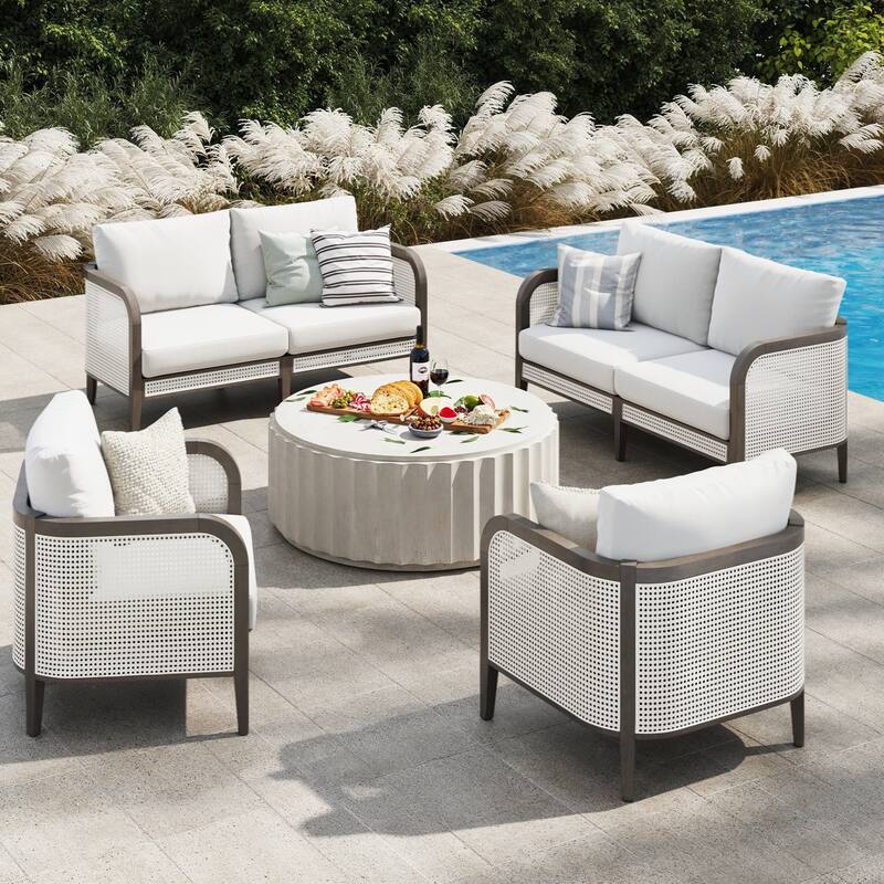 Twila Bohemian Outdoor Upholstered Rattan Patio Seating with Solid Wood Frame - 2 Loveseats 2 Chairs - Linen White/Graphite