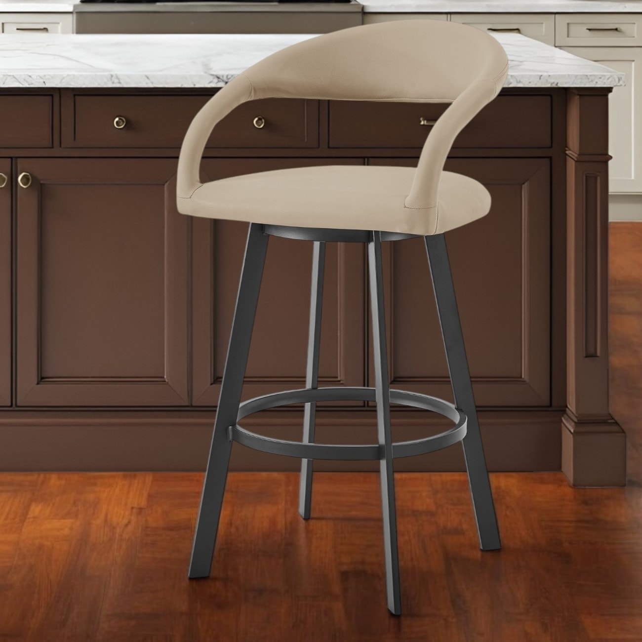 HomeRoots 26" Beige and Black Faux Leather and Iron Low Back Counter Height Swivel Bar Chair