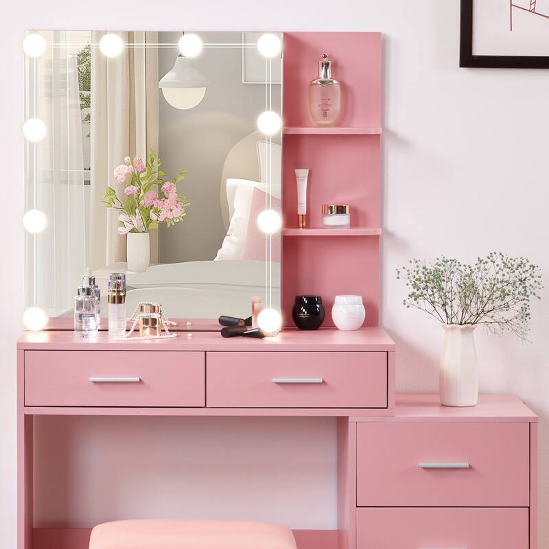 Pink Dressing Table Set with Sliding Mirror Cabinet 5 Drawers and Shelves Lighted Mirror
