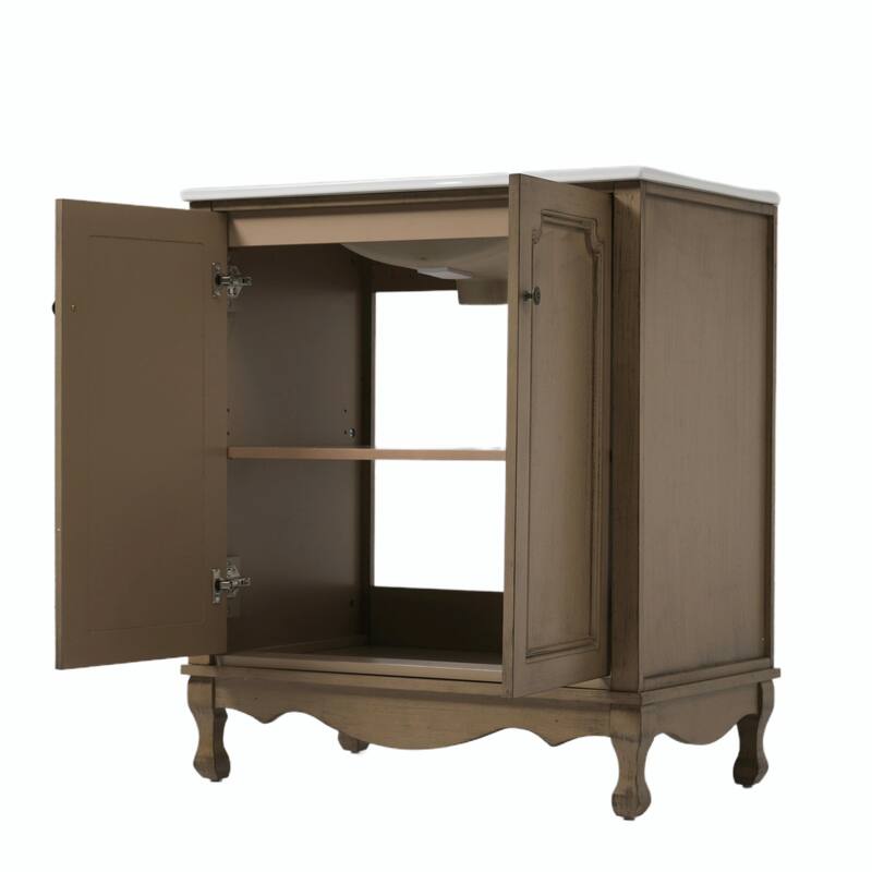 30" Vintage Bathroom Vanity - Rectangle Sink, Antique Handles, Solid Wood Legs, and Adjustable Shelves