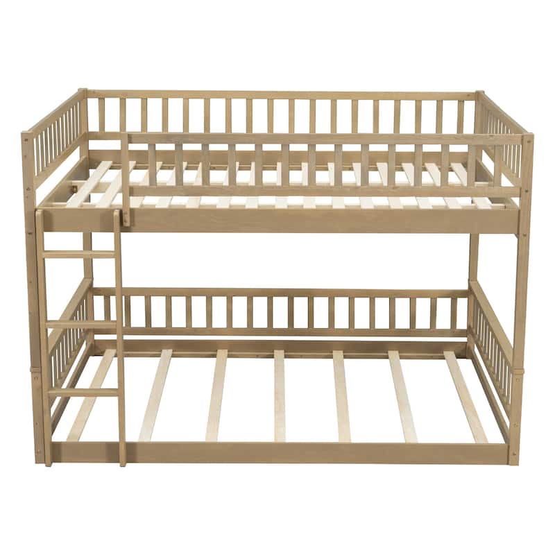 Bunk Bed Frame with Ladder and Guardrails, Detachable Design Wooden Bunk Bedframe into 2 Separate Platform Beds