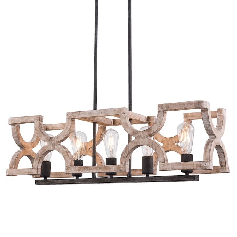5-Light Coastal Distressed Wood Chandelier Farmhouse Adjustable Kitchen Island Pendant Light - 20" X 31"/20" X 32"