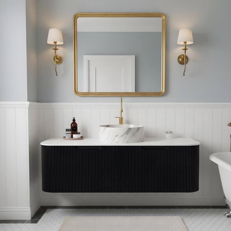 Floating Bathroom with Round Ceramic Basin and Storage Drawer - 48 - Black