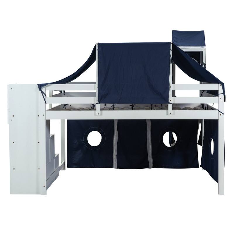 Wooden Full Size Loft Bed with Tent and Tower
