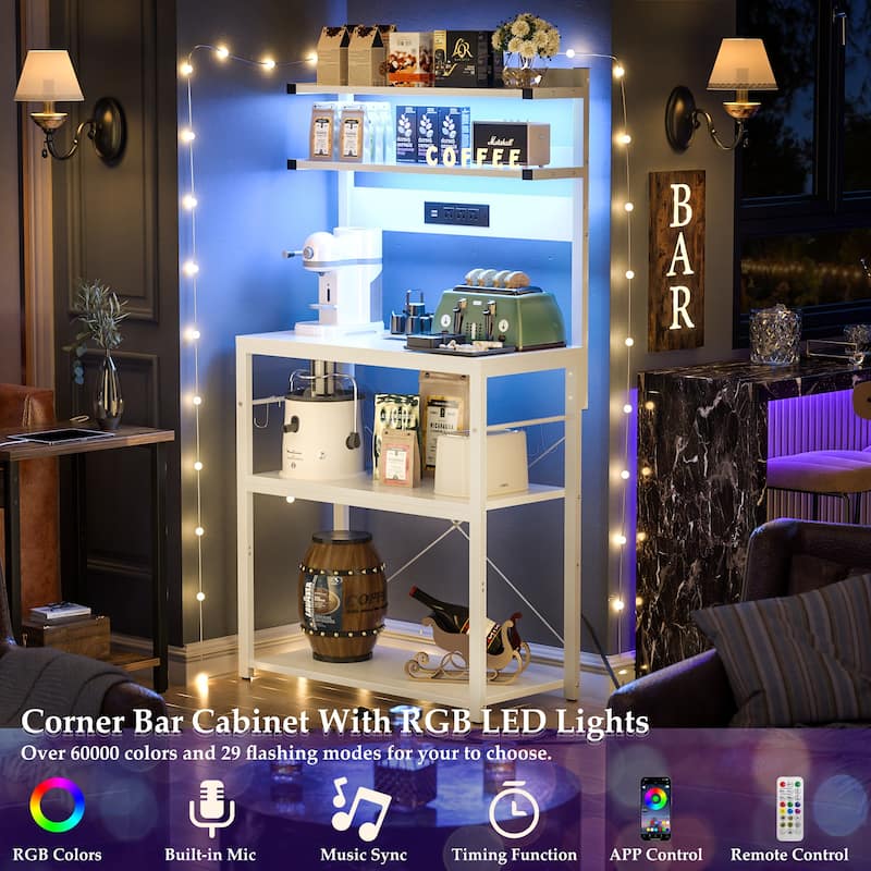 Bakers Rack Kitchen Storage Shelf with Power Outlets and RGB LED Lights,5 Tiers Coffee Bar Station,Microwave Stand