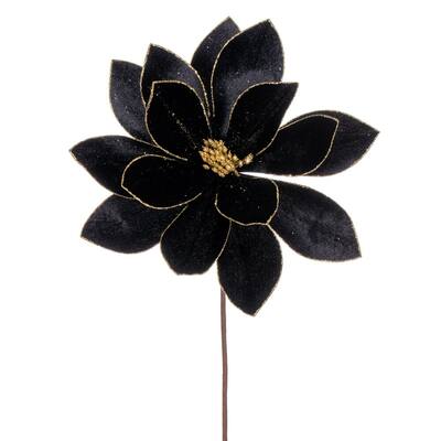 Vickerman 22" Black Velvet Sheen Glitter Trim Poinsettia Stem, 4 per bag.