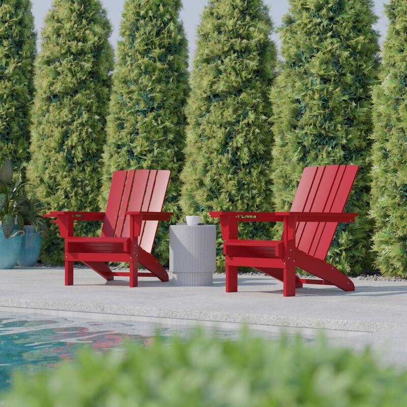 Set of 2 Commercial All-Weather Adirondack Chairs with Cupholders