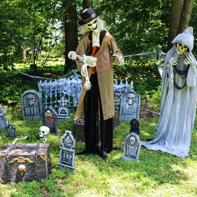 Haunted Hill Farm 5.25-ft. Animatronic Gravekeeper, Indoor/Outdoor Halloween Decor, Red LED Eyes, Poseable, Jebediah Bones