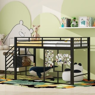 Twin Size Low Loft Bed Frame with Storage Staircase, Iron Mesh, Guardrails Full-length - Black Metal Bed Large Space Underneath