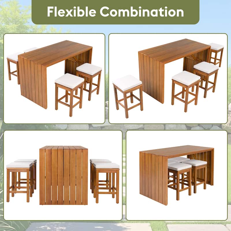 Roomfitters 5 Piece Outdoor Bar Set with High Top Dining Table and 4 Cushioned Backless Stools, Patio Furniture, Beige+Natural