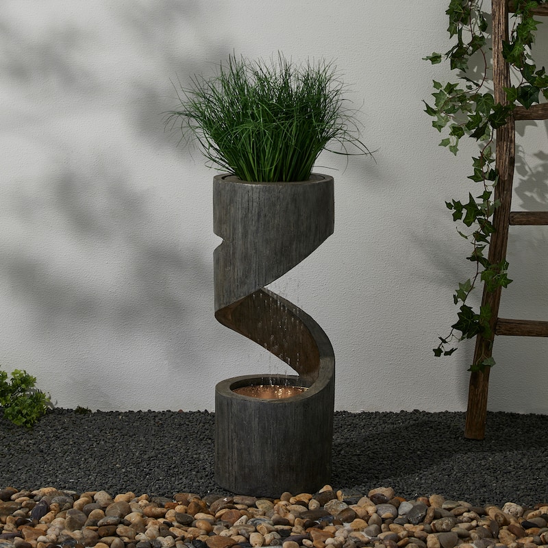 32-Inch Modern Polyresin LED Spiral Outdoor Fountain With Small Planter by Glitzhome