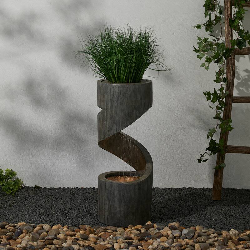 32-Inch Modern Polyresin LED Spiral Outdoor Fountain With Small Planter by Glitzhome