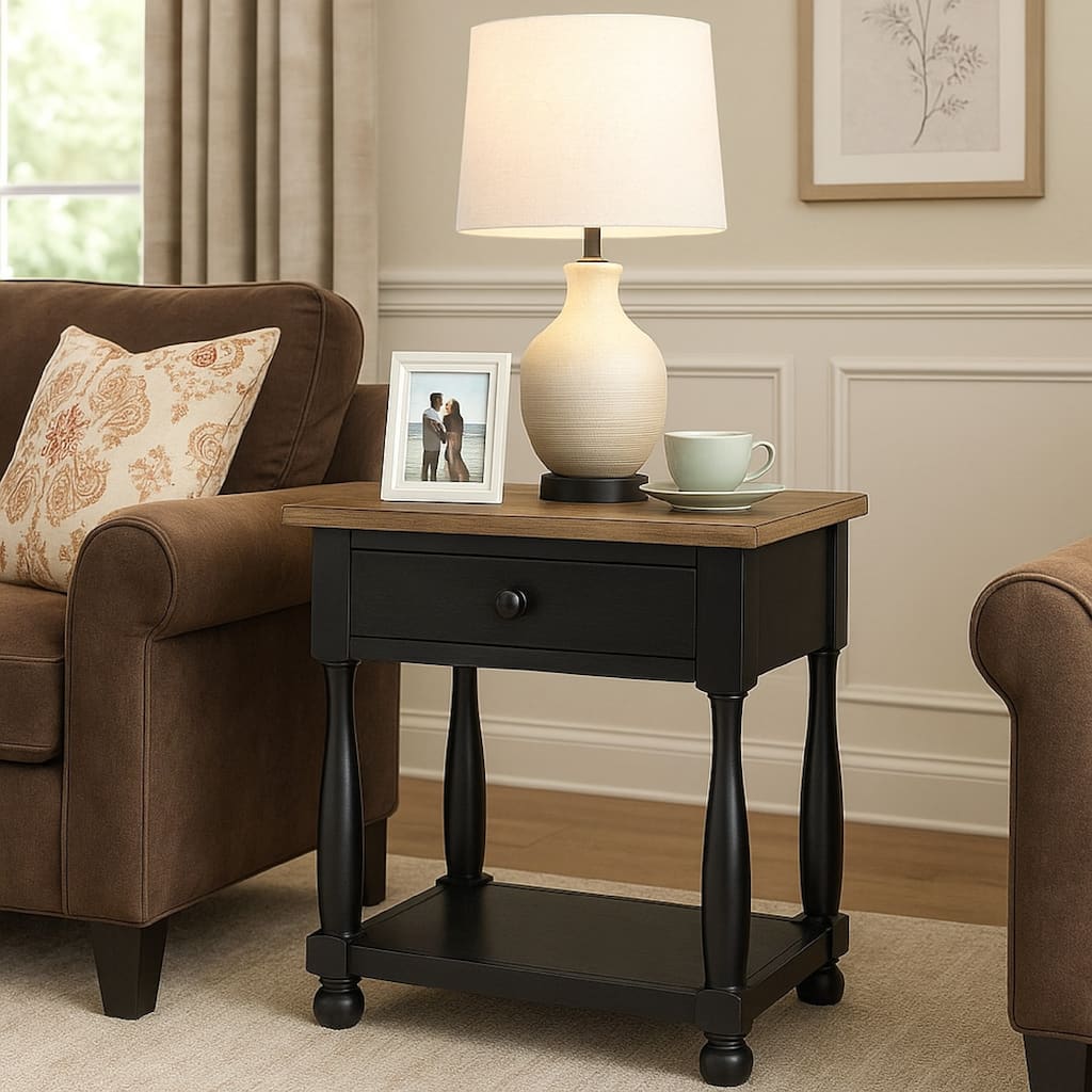 Ginie Nightstand, USB Ports and Drawer, Shelf, Black Rustic Oak Wood