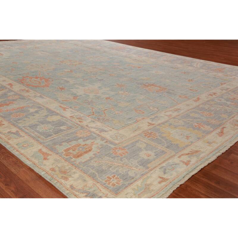 Hand Knotted Oriental 100% Wool Carpet Transitional All-Over Navy Blue & Blues Oushak Area Rug - 12' 2'' X 9' 4''