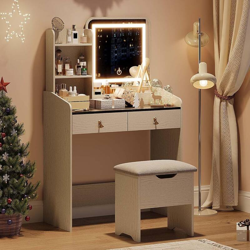 2 Drawers Makeup Vanity Table with LED Light Mirror and Charging Station - White + Grey Tabletop