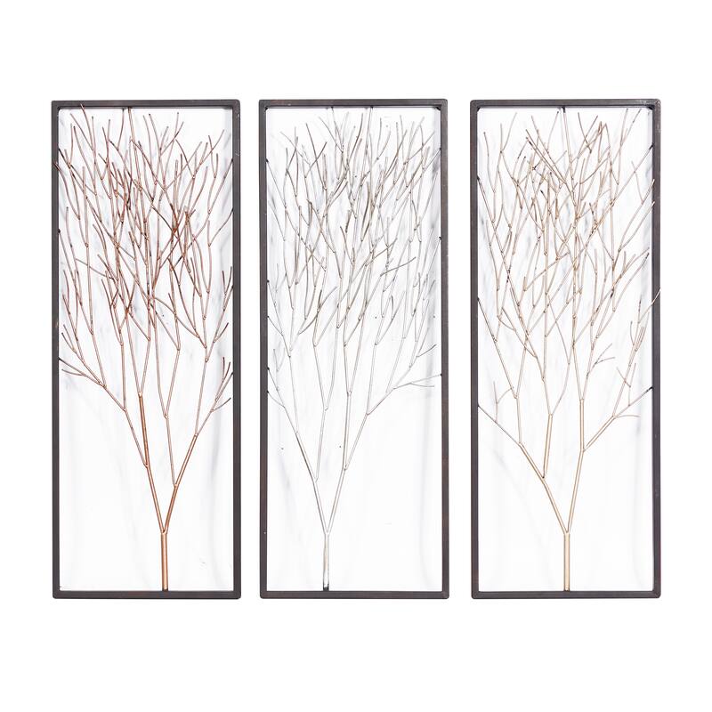 Black Metal Branch Tree Home Wall Decor with Metallic Copper, Silver, and Gold (Set of 3)