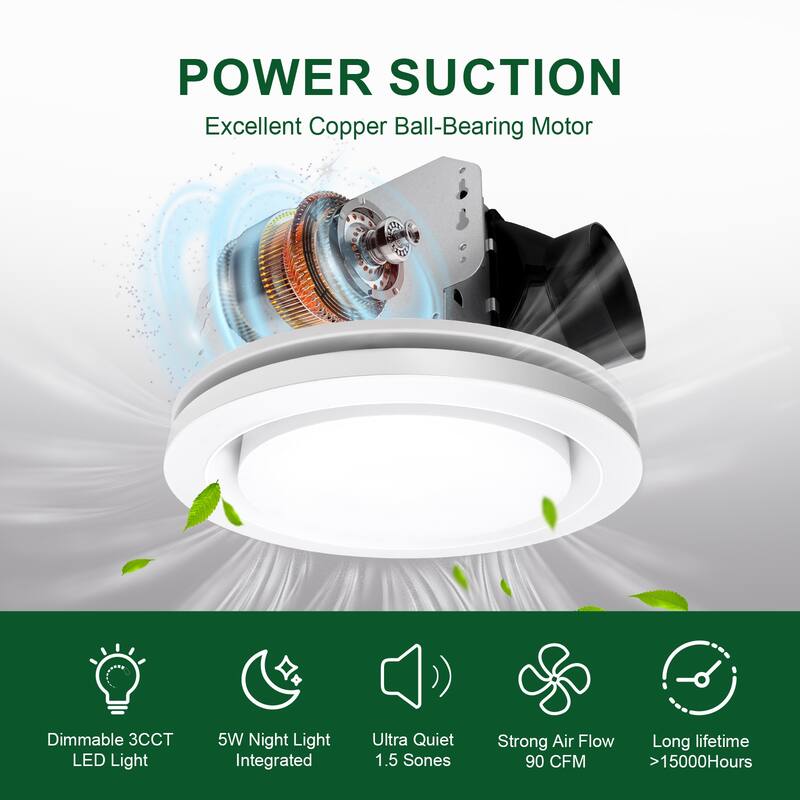 Akicon Bathroom Fan with Light, 90 CFM, 1.5 Sones Exhaust Fan,18W Dimmable 3CCT LED Light with 5W Night Light - N/A