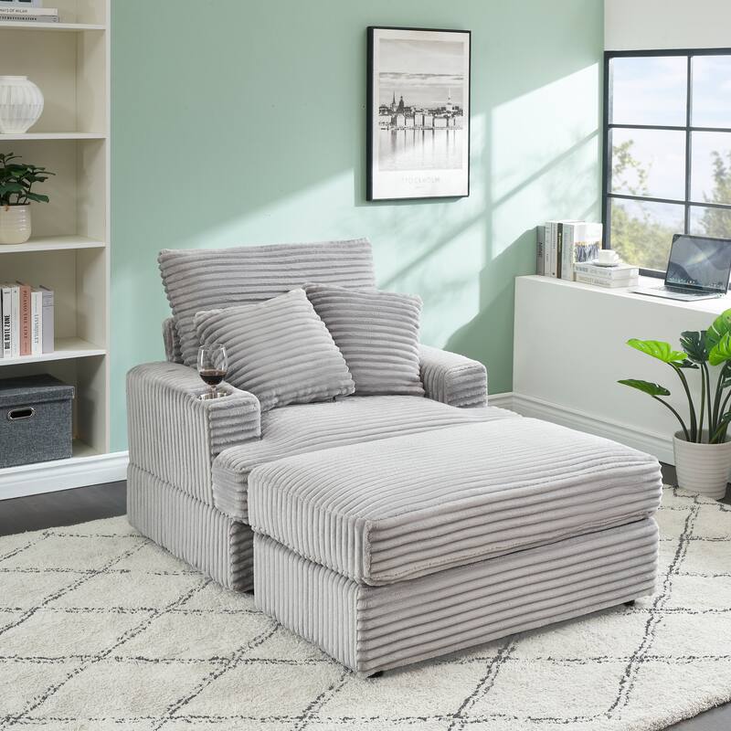 Armchair & Ottoman Set with Cup Holder and 2 Throw Pillows