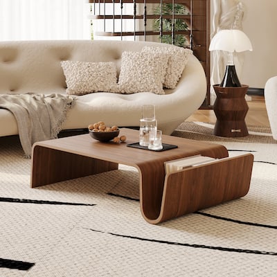 41" Modern Minimalist Brown Coffee Table, Solid Wood Veneer, Retangular Coffee Table for Livingroom